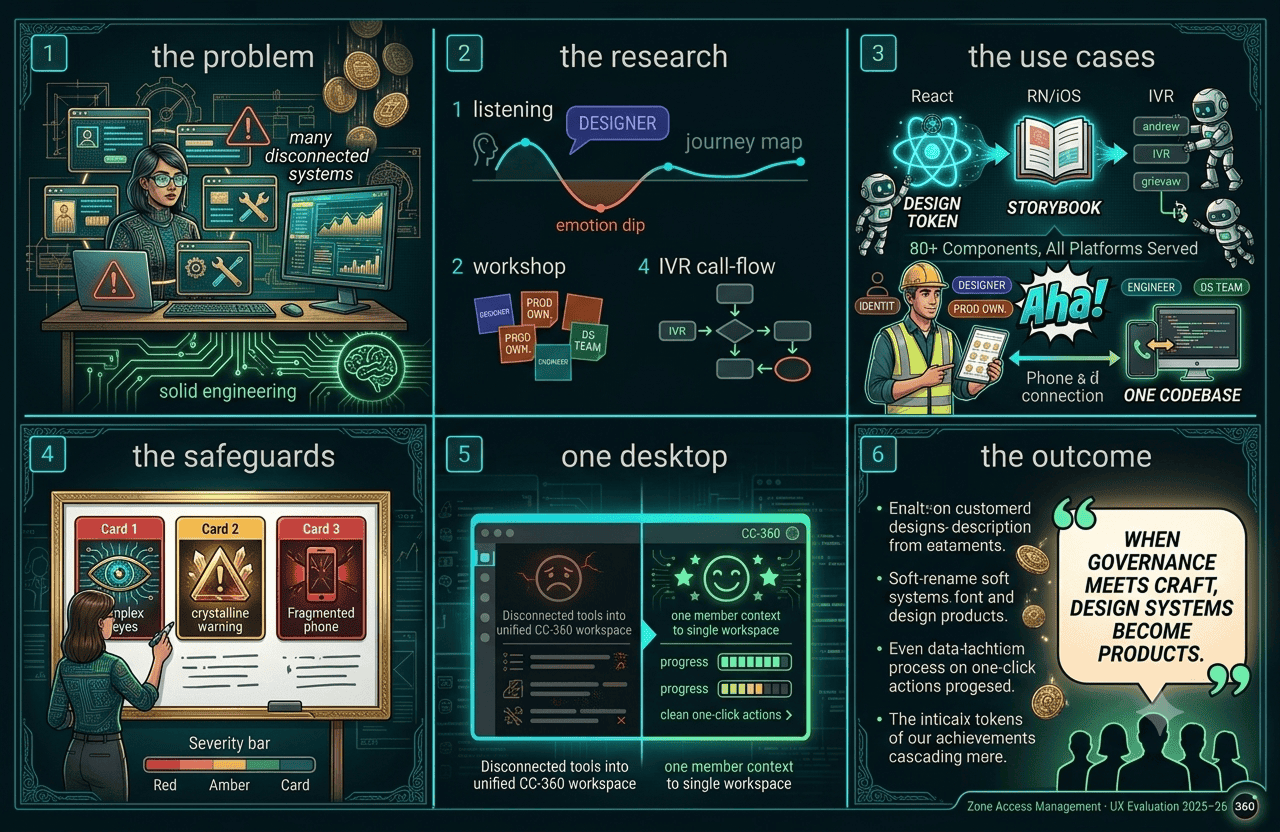 Storyboard summarising the Contact Central 360 project: disconnected systems as the problem, the research that set the scope, the five advocate use cases, the verification and compliance safeguards, the unified single-context desktop, and the calmer, compliant call as the outcome