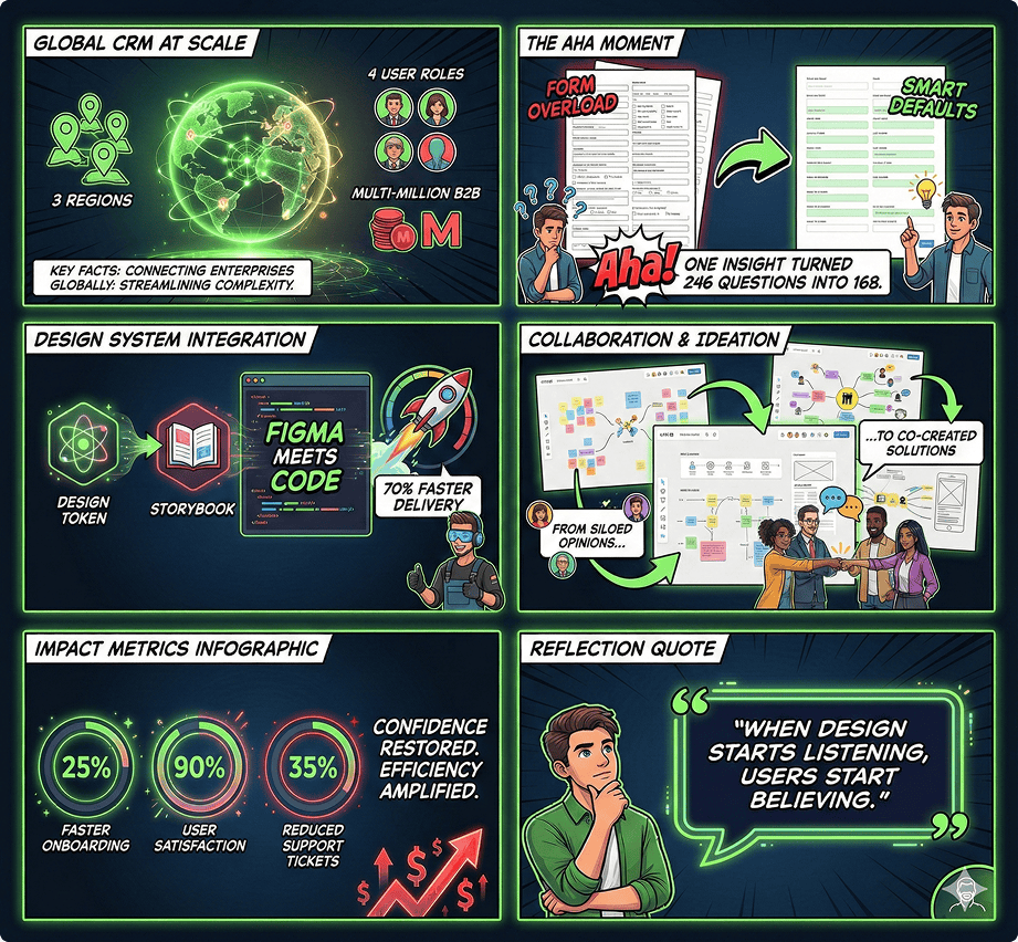 Overview comic — global CRM at scale, the aha moment, design-system integration, collaboration & ideation, impact metrics, and a reflection quote