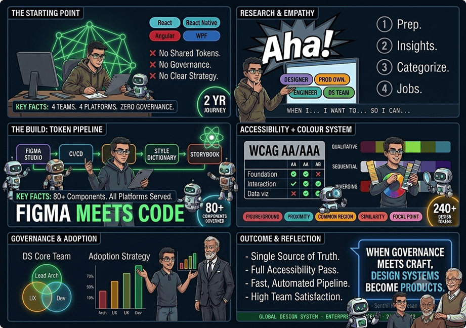 Overview comic — the starting point, research & empathy, the build-team pipeline (Figma meets code), WCAG AA/AAA colour system, governance & adoption, and outcome & impact