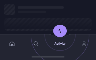 footer nav interaction — a mobile bottom navigation bar with a morphing notch and floating home button