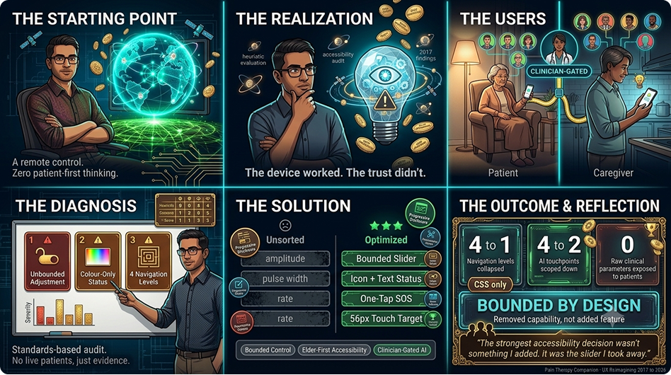 Six-panel storyboard — the starting point (a remote control), the realization (the device worked, the trust didn't), the users, the diagnosis (a standards-based audit, no live patients), the solution (bounded control, elder-first accessibility, clinician-gated AI), and the outcome: bounded by design — removed capability, not added feature