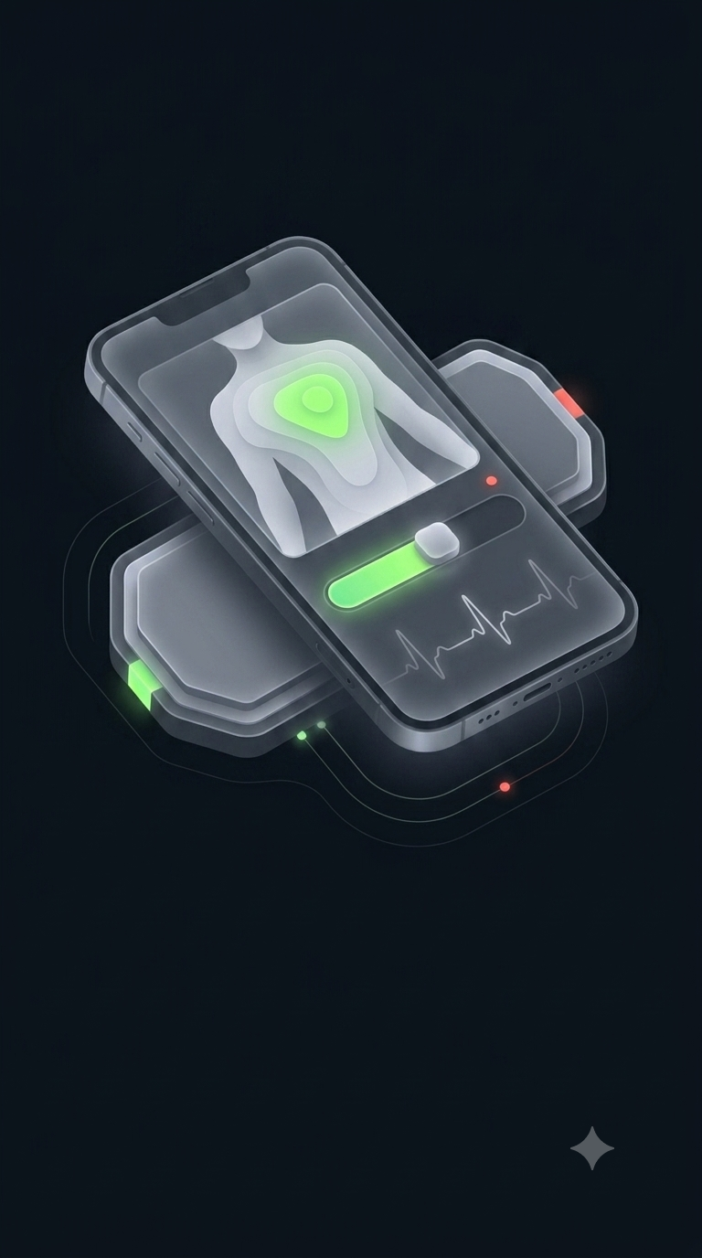Guided therapy — patient companion app with a body-zone map, therapy slider and pulse line