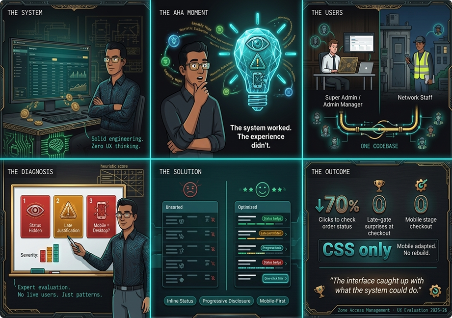 Take-away story: the system, the aha moment, the users, the diagnosis, the solution (CSS only) and the outcome — the interface caught up with what the system could do