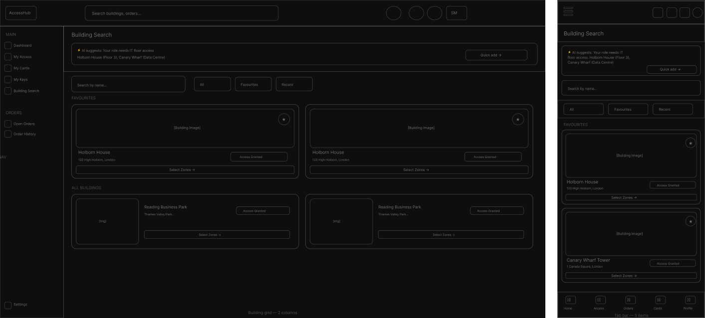 Zone selection screens — wireframe, desktop and mobile